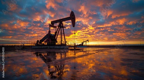 Pumpjacks silhouetted against a vibrant sunset with reflections on the ground in a rural oil field