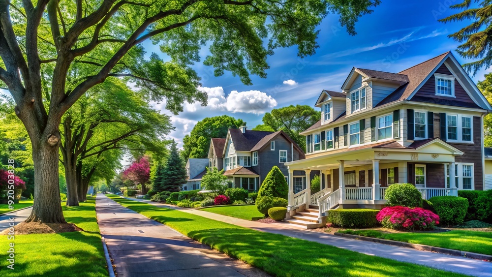 Naklejka premium Serene suburban street scene in Long Branch, New Jersey, featuring charming colonial-style homes, lush green trees, and a scenic sidewalk on a sunny day.