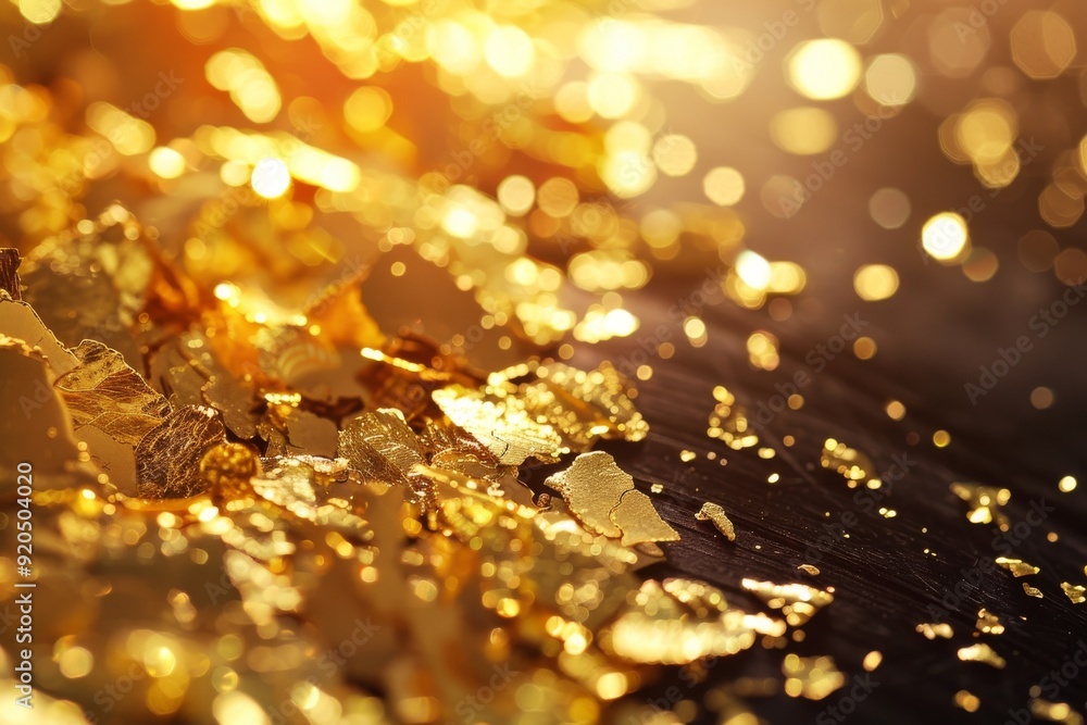 Edible gold leaf flakes with bokeh effect, AI generated Edible gold leaf flakes with bokeh effect, AI generated