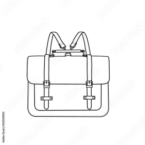 Satchel bag laptop bag backpack for men and women. Flat sketch fashion illustration drawing template mock-up.