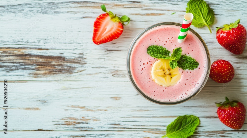 Strawberry smoothie. Vegan smoothie or milkshake from strawberry, banana and mint on white wooden table background. Clean eating, alkaline diet. Top view. Mock up. Strawberry smoothie. Vegan smoothie or milkshake from strawberry, banana and mint on white wooden table background. Clean eating, alkaline diet. Top view. Mock up.