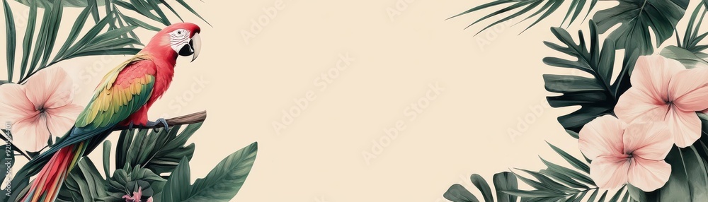 Fototapeta premium Vibrant parrot perched among tropical leaves and flowers, creating a lively and colorful nature scene.