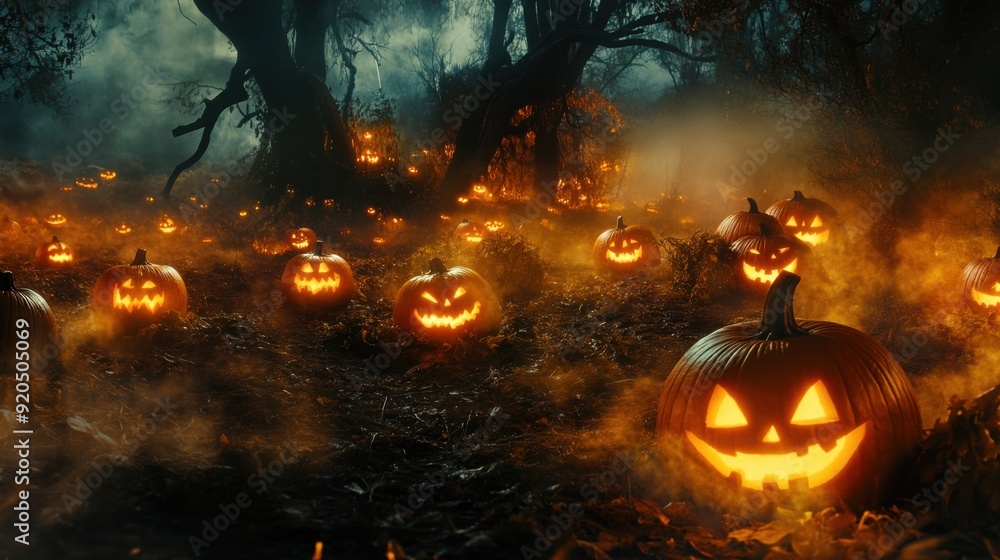 An eerie pumpkin patch at night with glowing jack-o'-lanterns An eerie pumpkin patch at night with glowing jack-o'-lanterns