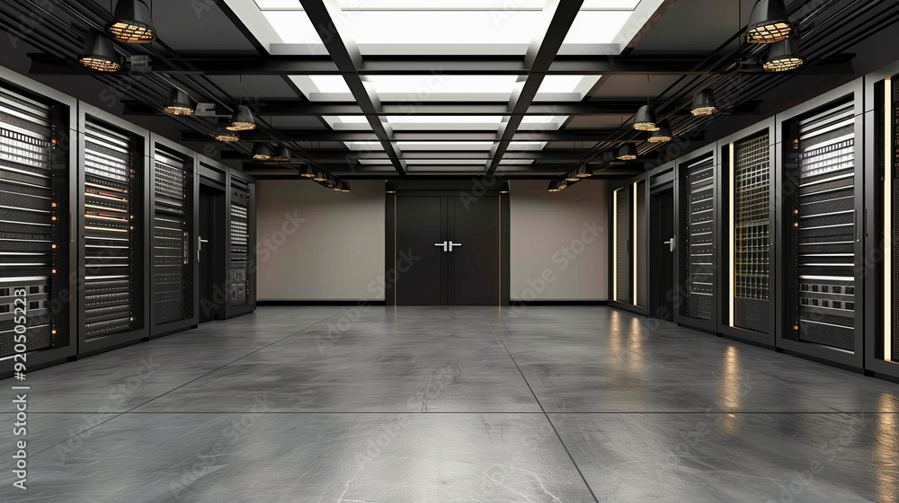 Modern server room with sleek black racks and concrete floor. .. Modern server room with sleek black racks and concrete floor. ..
