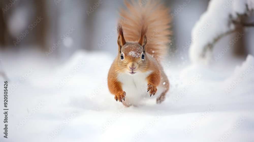 squirrel in winter, a cute fluffy squirrel in the wild runs through fluffy snow in a dynamic pose squirrel in winter, a cute fluffy squirrel in the wild runs through fluffy snow in a dynamic pose