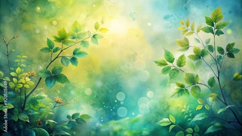 Softly blended watercolor hues of green, blue, and yellow evoke a serene natural background with gentle foliage and subtle texture, perfect for design and art.