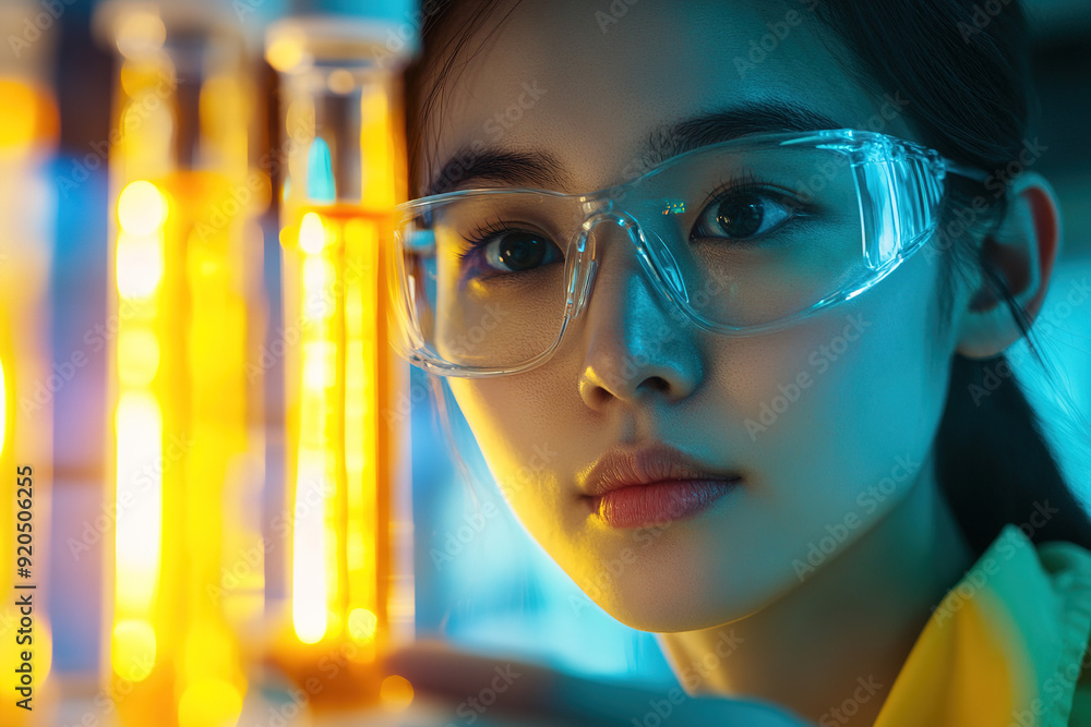 Close-up of an Asian scientist with glowing test tubes, her face reflected in glasses, surrounded by a blurred lab scene with contrasting yellow and blue lighting.
Close-up of an Asian scientist with glowing test tubes, her face reflected in glasses, surrounded by a blurred lab scene with contrasting yellow and blue lighting.