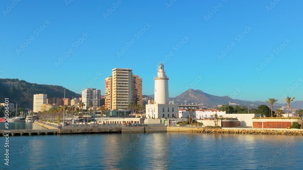 Picturesque view of Malaga's lighthouse with the city skyline and mountains in the background, under a clear blue sky. Picturesque view of Malaga's lighthouse with the city skyline and mountains in the background, under a clear blue sky.