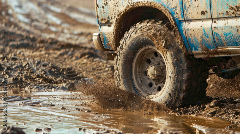 Truck car spins its wheels in the mud closeup 4x4 off-road suv car stuck in mud Offroad car.. Adventure travel concept Truck car spins its wheels in the mud closeup 4x4 off-road suv car stuck in mud Offroad car.. Adventure travel concept
