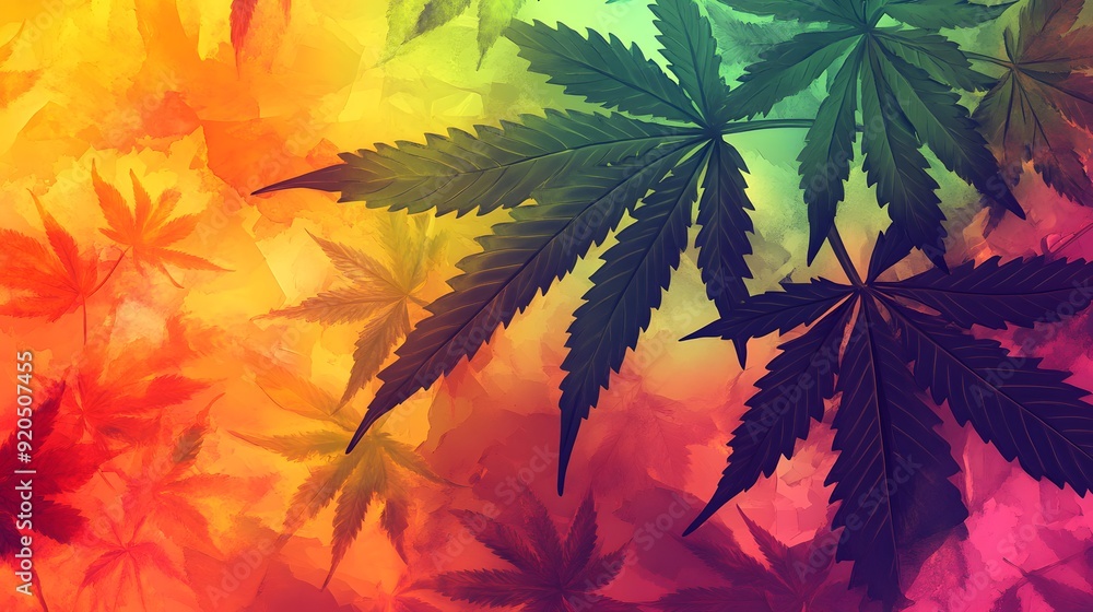 Marijuana leaves on a colorful background, close up top view on cannabis leaves and branches on colorful background for alternative medical and marketing design concept Marijuana leaves on a colorful background, close up top view on cannabis leaves and branches on colorful background for alternative medical and marketing design concept