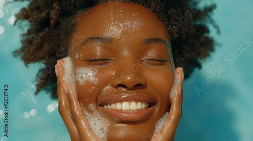 Close-Up of Smiling Woman Washing Face with Soap Bubbles Against Blue Background