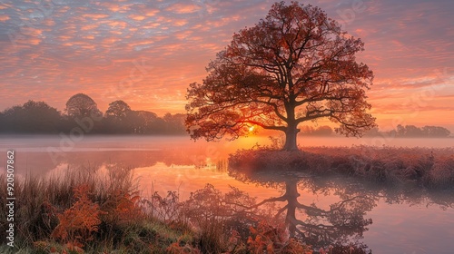 fog rise over a tranquil autumn landscape