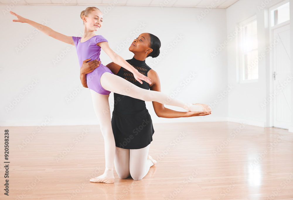 Ballet, student and teacher with helping in studio for balance technique training, practicing routine or learning. Ballerina, dancer and support in class with teaching rehearsal with creative people Ballet, student and teacher with helping in studio for balance technique training, practicing routine or learning. Ballerina, dancer and support in class with teaching rehearsal with creative people