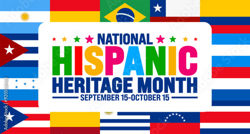 National Hispanic Heritage Month festival world flag background or banner template. use to banner, card, poster, placard, design template with unique shapes.