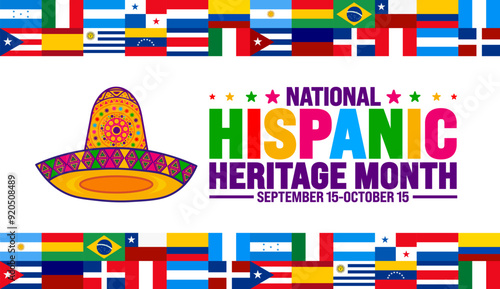 National Hispanic Heritage Month festival world flag background or banner template. use to banner, card, poster, placard, design template with unique shapes.