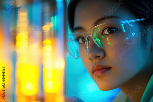 Young Asian female scientist examining glowing liquid in test tubes with her face reflected in glasses.