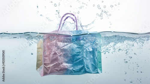 Colorful shopping bag float on clear sea or swimming pool,text,top view,vacation,Summer sale creative ads season,banner,poster or template,New waterproof shopping bag falling and dive with splashes.