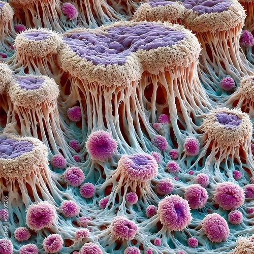 A detailed microscopic image showing toenail fungus with branching, thread-like structures in shades of beige and brown, and clusters of bright pink spores scattered across the textured surface. photo