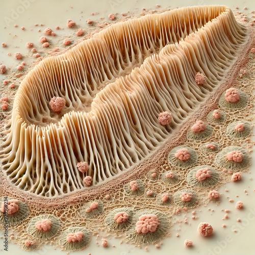 A detailed microscopic image showing toenail fungus with branching, thread-like structures in shades of beige and brown, and clusters of bright pink spores scattered across the textured surface. photo