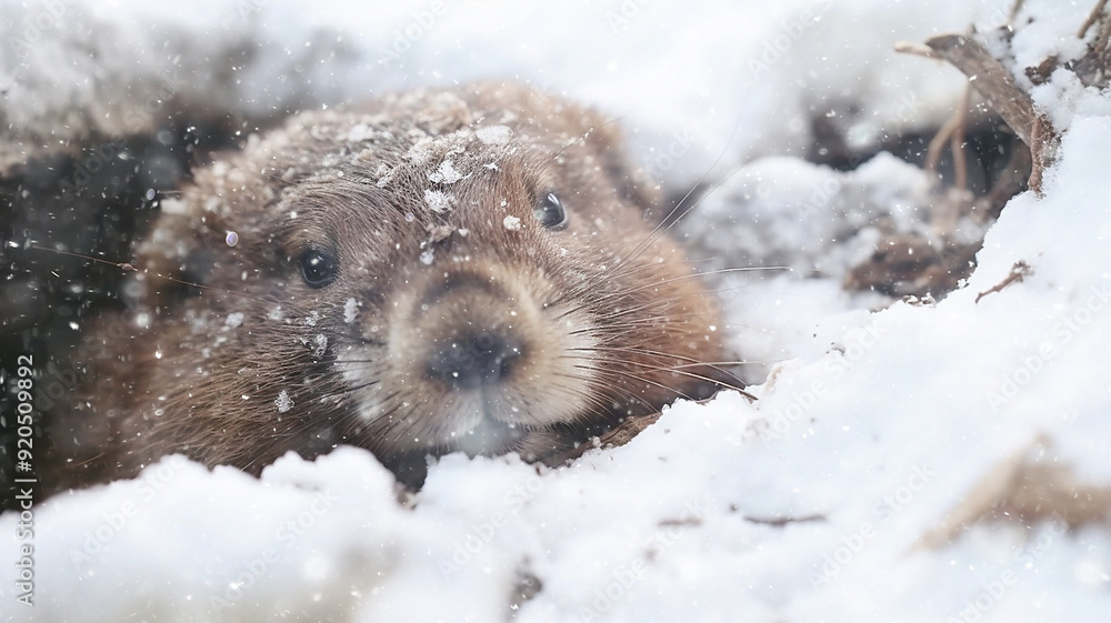 Obraz premium cute fluffy groundhog wakes up in his burrow day, the onset of spring, the change of seasons, prediction in February