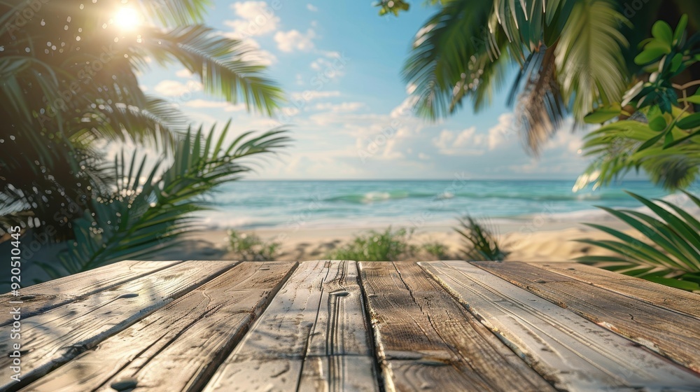 Sunlit Tropical Beach with Wooden Deck Overlooking Ocean Waves and Palm Trees on a Sunny Day Sunlit Tropical Beach with Wooden Deck Overlooking Ocean Waves and Palm Trees on a Sunny Day