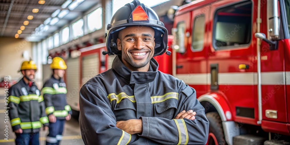 Confident and charismatic multicultural firefighter with a bright smile, stands proudly at the fire station, his strong arms crossed, exuding bravery and dedication. Confident and charismatic multicultural firefighter with a bright smile, stands proudly at the fire station, his strong arms crossed, exuding bravery and dedication.