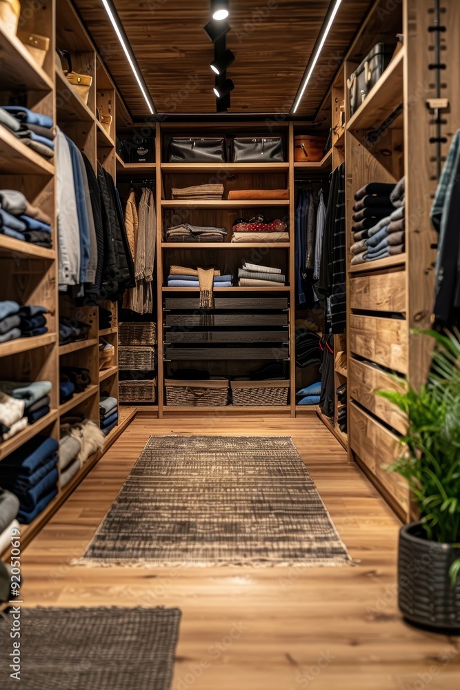 Obraz premium Modern Walk-In Closet with Wooden Shelves and Organized Clothing in a Cozy Home Interior