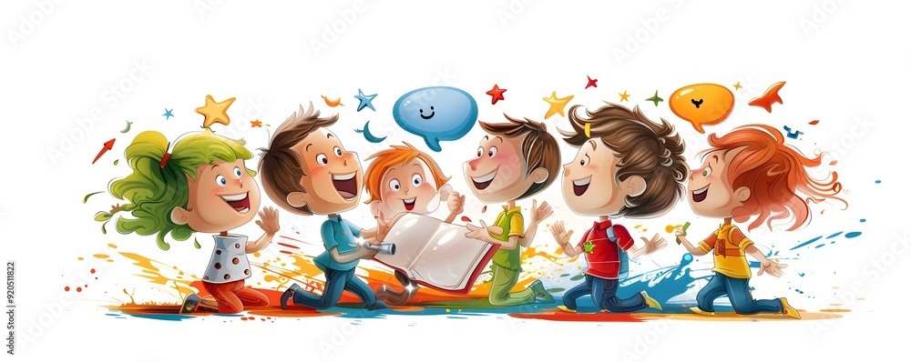 Fototapeta premium Happy Children with Book and Speech Bubbles.