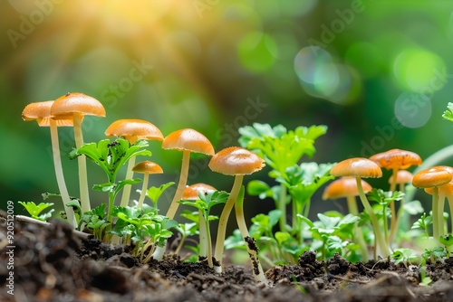 Small Mushrooms Growing in Forest.