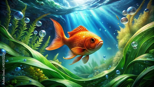 Vibrant orange fish swimming in seaweed-filled ocean, surrounded by stylized blue and green vector waves and bubbles, creating a mesmerizing underwater scene. photo