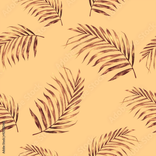 An Elegant Design of Tropical Palm Leaves Seamless Watercolor Pattern on a Soft Orange Background That Captivates