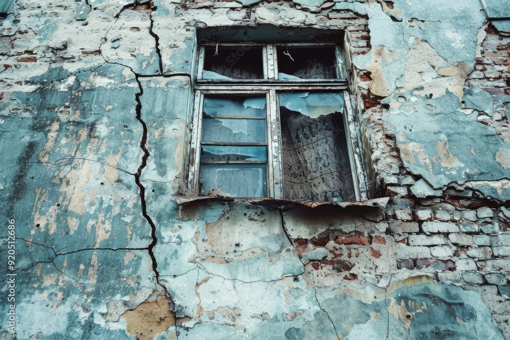 A broken window in a dilapidated building, showcasing the decay and neglect of the structure over time, Cracks running through the walls of buildings, AI generated
