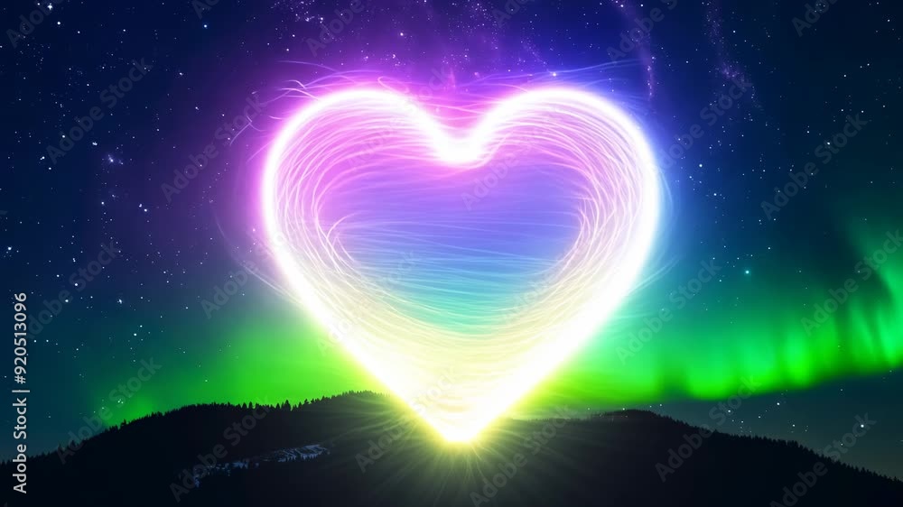 Cosmic love story set against a vibrant aurora over a mountain at night Cosmic love story set against a vibrant aurora over a mountain at night