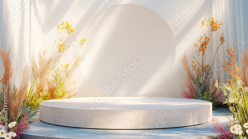 Mockup empty podium with white wall with flower and plant display for advertistment background photo