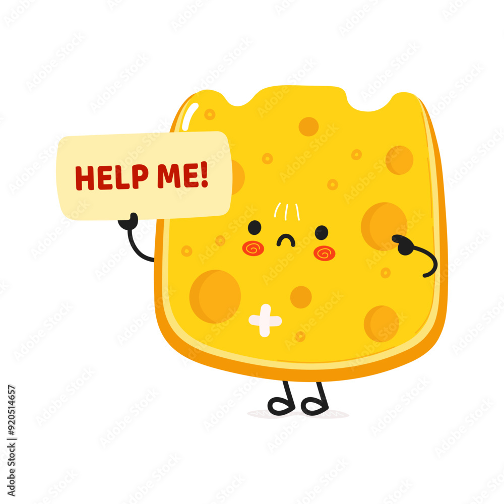 Cute sad sick Cheese asks for help character. Vector hand drawn cartoon kawaii character illustration icon. Isolated on white background. Suffering unhealthy Cheese character concept Cute sad sick Cheese asks for help character. Vector hand drawn cartoon kawaii character illustration icon. Isolated on white background. Suffering unhealthy Cheese character concept