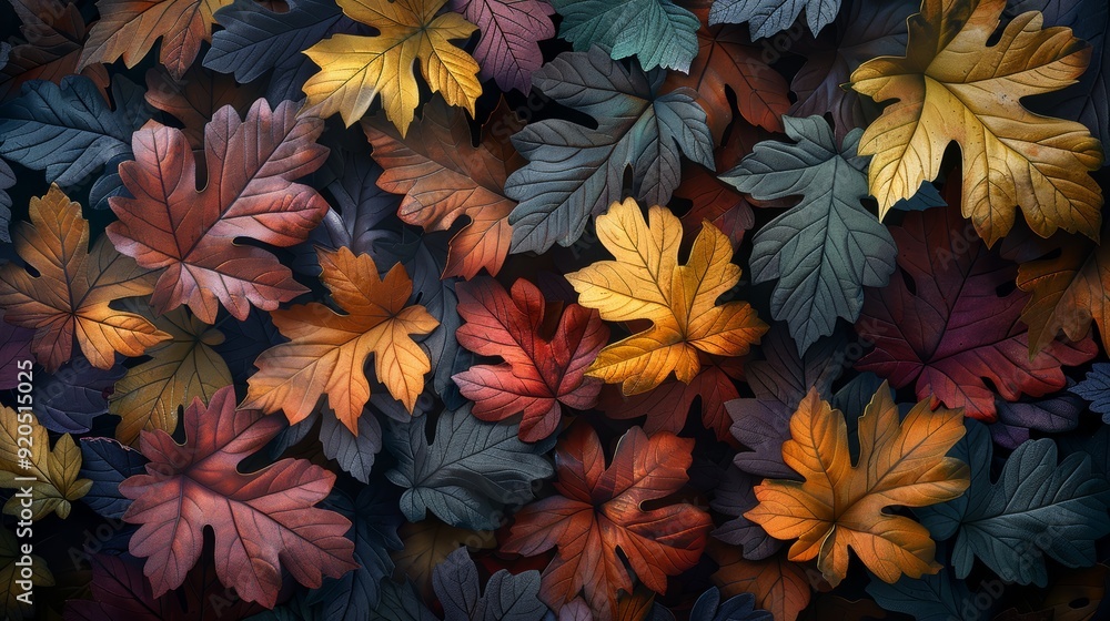Colorful autumn leaves arranged artistically on a dark background Colorful autumn leaves arranged artistically on a dark background