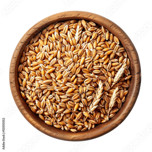 Wooden bowl with wheat grains isolated on white background with clipping path, top view photo