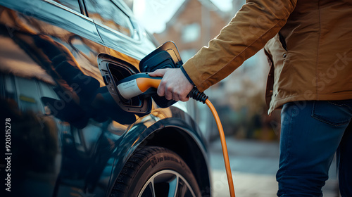  car with an ev electric charging plug hooked up to a man's hands