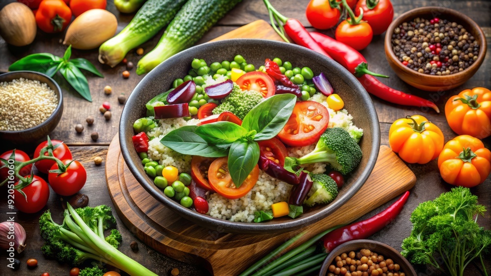 Vibrant vegetables and legumes surround a steaming bowl of flavorful quinoa, showcasing a nutritious and sustainable plant-based meal, perfect for a healthy lifestyle. Vibrant vegetables and legumes surround a steaming bowl of flavorful quinoa, showcasing a nutritious and sustainable plant-based meal, perfect for a healthy lifestyle.