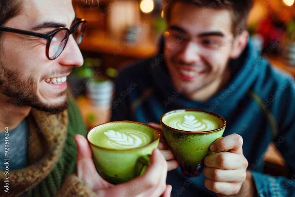 Happy male men meeting at cafe for matcha tea and conversation two best friends having fun and holding cups of green matcha latte drink in cafe. Friends enjoying trendy Japanese beverage concept Happy male men meeting at cafe for matcha tea and conversation two best friends having fun and holding cups of green matcha latte drink in cafe. Friends enjoying trendy Japanese beverage concept