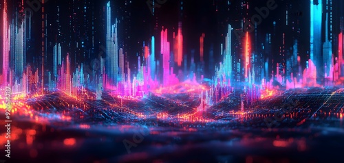 Abstract futuristic city skyline with neon lights.