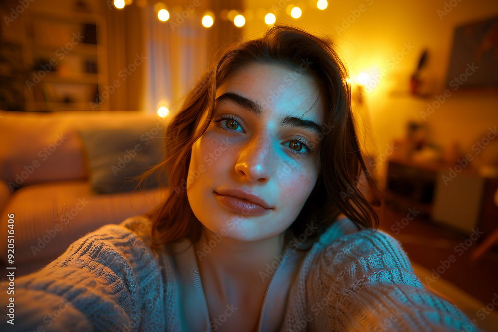 Photo of smiling young blogger taking selfie video blog cosy home indoors ai generative Photo of smiling young blogger taking selfie video blog cosy home indoors ai generative