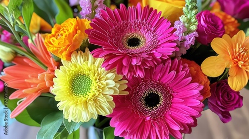 A bright and cheerful bouquet of flowers in a vase, featuring a mix of blossoms in vibrant, eye-catching colors. photo