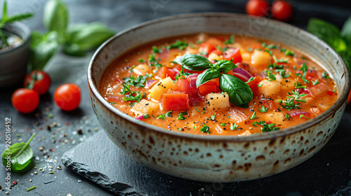 Tempting vegetable soup with basil leaves in a bowl