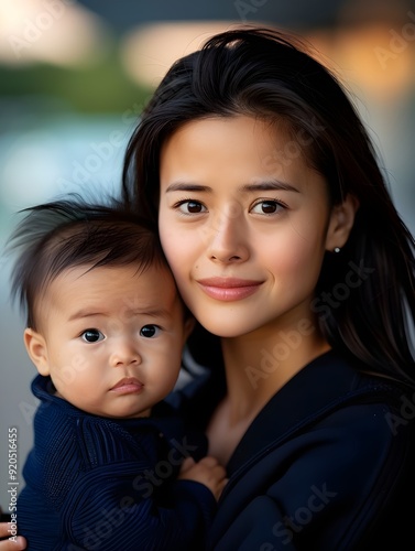 In a park, a 40-year-old Chinese nanny holds a one-month-old infant in her arms while sporting casual clothing and a smile for the camera. She is not wearing any jewelry or makeup.