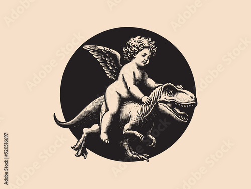 Cute little baby angel cupid riding a dinosaur. Vintage black and white engraving vector illustration. Abstract artwork, print, tattoo