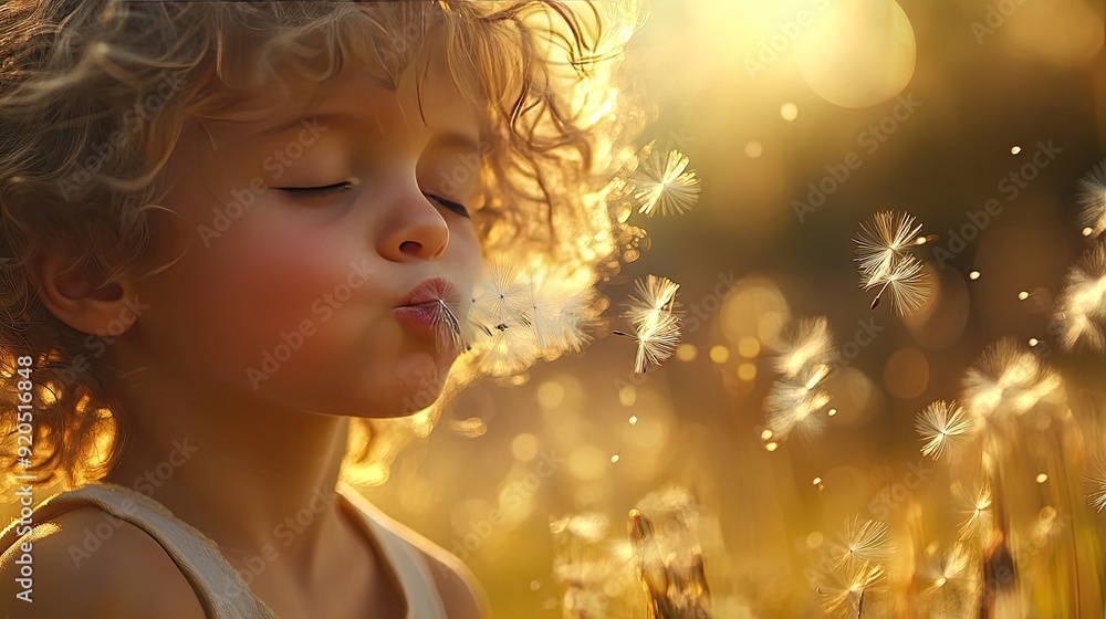 A child with closed eyes, gently blowing on a dandelion, sending its seeds flying into the air while making a wish in a sunlit field. A child with closed eyes, gently blowing on a dandelion, sending its seeds flying into the air while making a wish in a sunlit field.