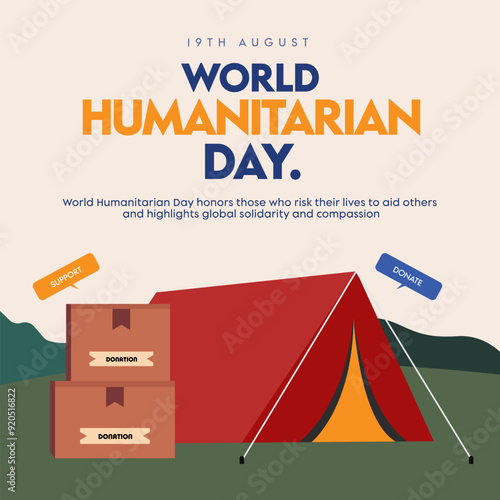 World Humanitarian Day. 19th August World Humanitarian day celebration banner, with donation camp and boxes social media post