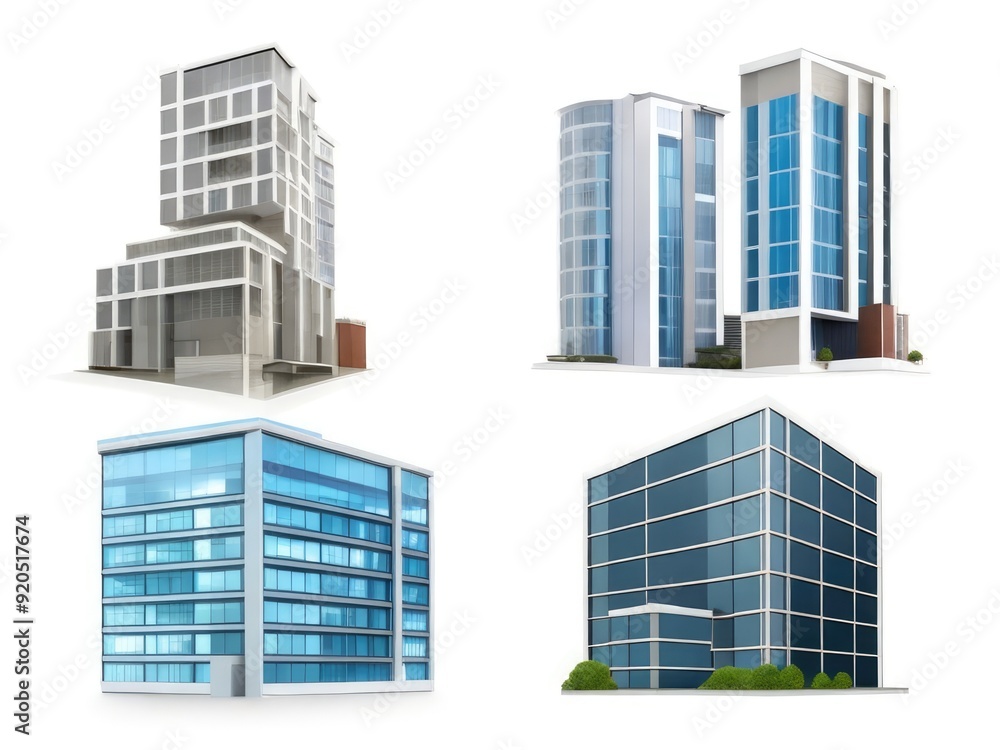 Different styles of modern buildings isolated on white background, high rise buildings. Different styles of modern buildings isolated on white background, high rise buildings.