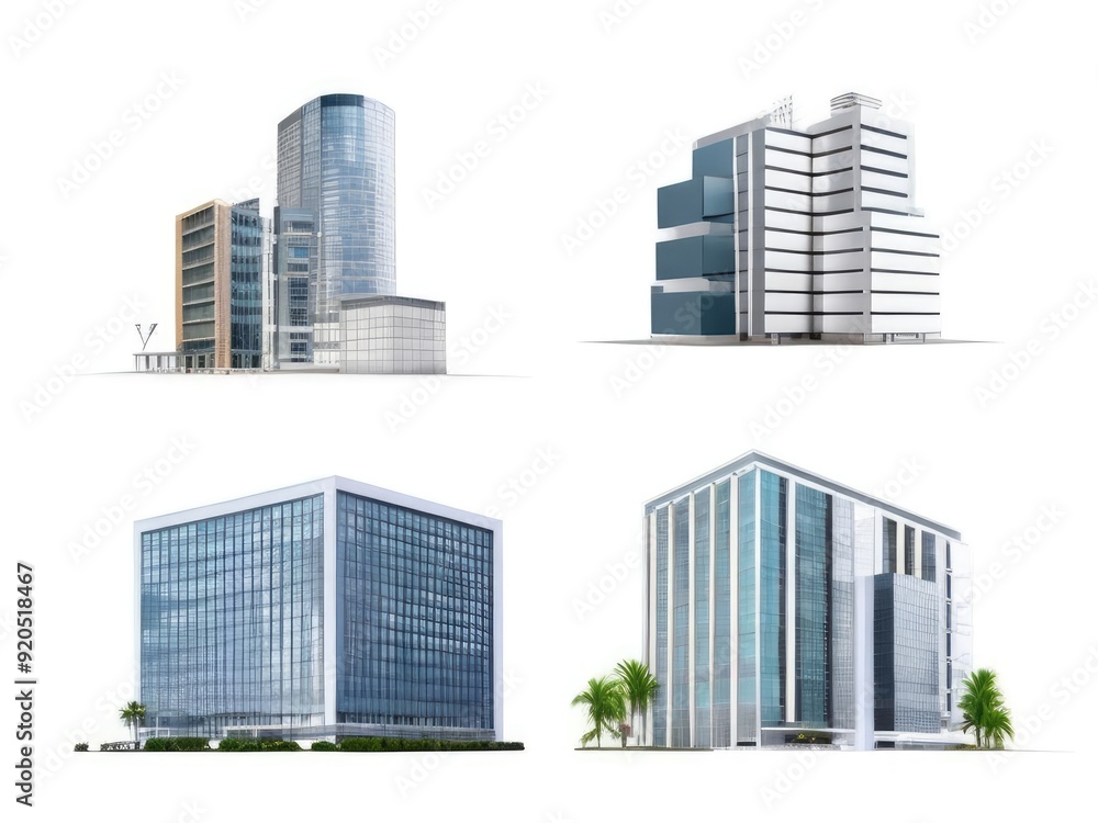 Different styles of modern buildings isolated on white background, high rise buildings. Different styles of modern buildings isolated on white background, high rise buildings.